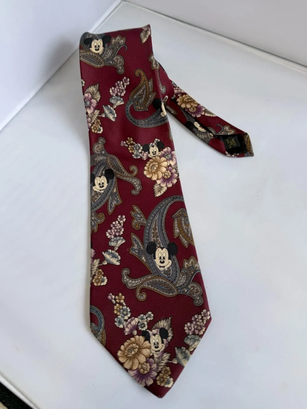 Vintage Disney Mickey Mouse Paisley Floral Print Neck Tie 100% Silk Walt Disney - Picture 1 of 7